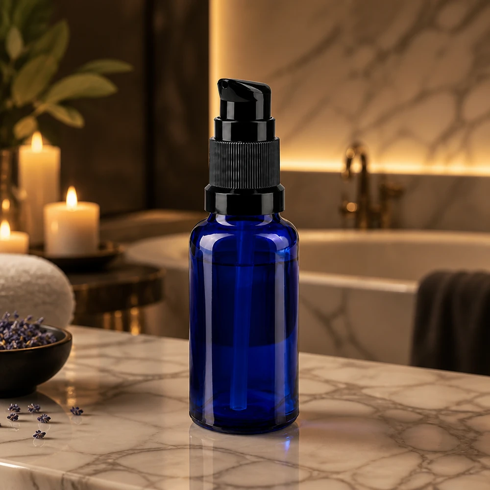 Apothekenflasche blau 20ml PumpVerschluss schwarz Standard Schlanke kobaltblaue Serumflasche 20ml mit Pumpverschluss in luxuriösem Spa-Setting