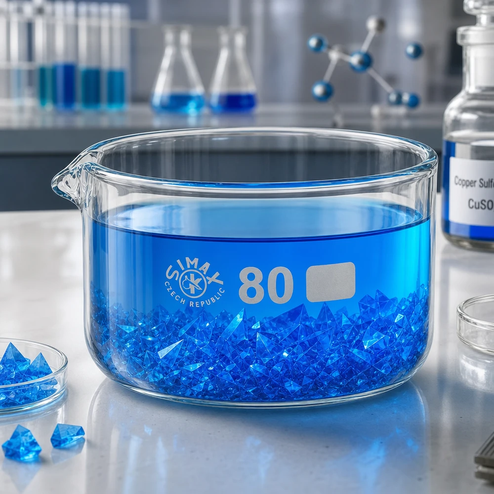 Coupelle de cristallisation 150 ml avec bec verseur Coupelle de cristallisation de 150 ml contenant des cristaux bleus de sulfate de cuivre (CuSO₄) pour laboratoire, ø 80 mm