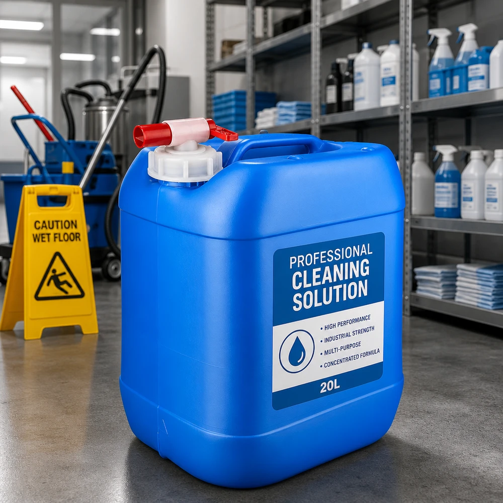 Bidon 20 litres bleu avec robinet Solution de nettoyage professionnelle en bidon bleu de 20 litres muni d'un robinet de vidange, dans la réserve de produits d'entretien