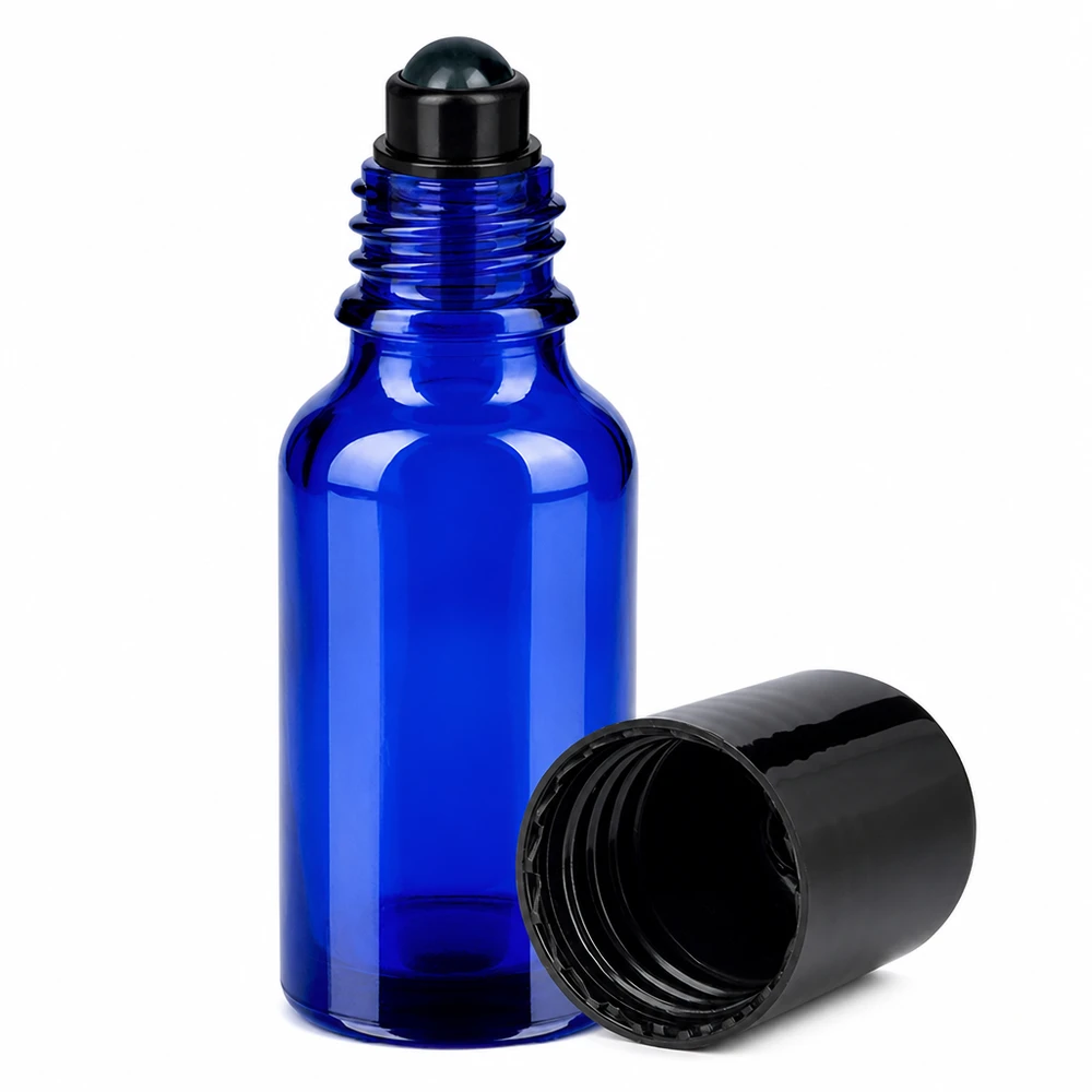 20ml Roll-On Flasche schwarz Standardverschluss BlueLine UT18/20 Kompakte 20ml Roll-On Flasche in königsblau mit schwarzem Kugelaufsatz für unterwegs