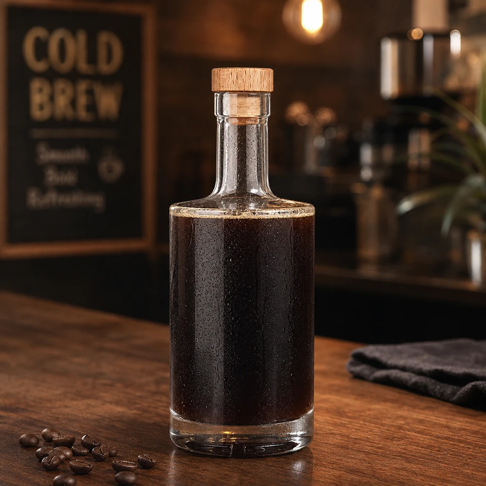 Bottiglia in vetro da 500 ml Nora riempita con caffè cold brew tappo in legno UNiTWIST caffè in grani barista ambiente rustico