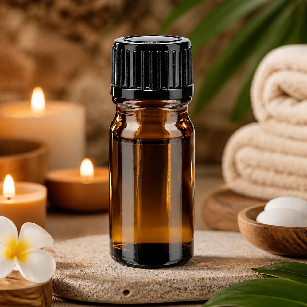 Apothekenflasche braun 5ml Schraubverschluss schwarz Standard Aromatherapie Aufbewahrungsfläschchen 5ml braunes Glas schwarze Kappe im Wellness-Arrangement