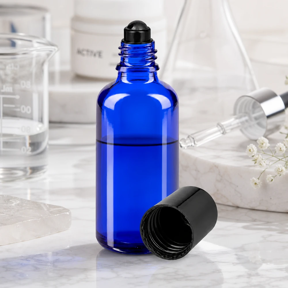 Apothekenflasche blau 50ml Roll-On Verschluss schwarz Dunkelblaue 50ml Apothekerglas Roll-On Flasche mit schwarzem Kunststoffverschluss Seitenansicht