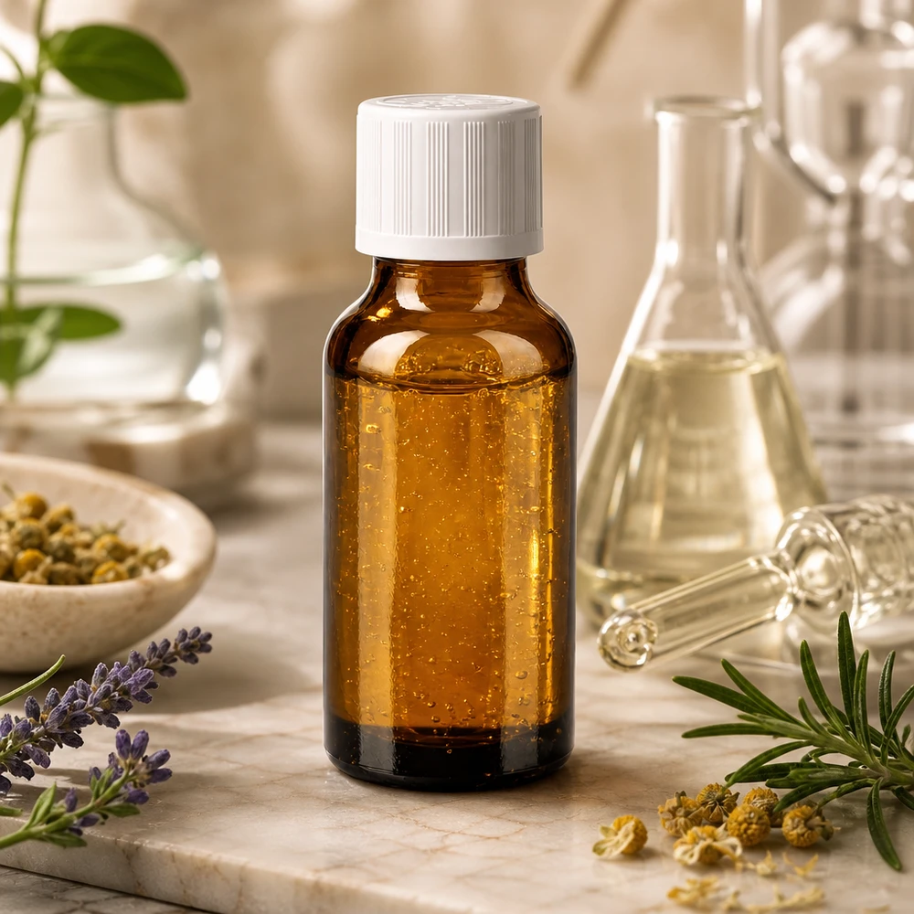 Kompakte Apothekerflasche 20ml brauner Glas UV-Schutz weißer Verschluss neben Laborkolben und Lavendel