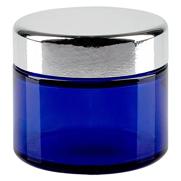 50ml Glastiegel. royalblau, mit silbernem MeD.. ApoGlas