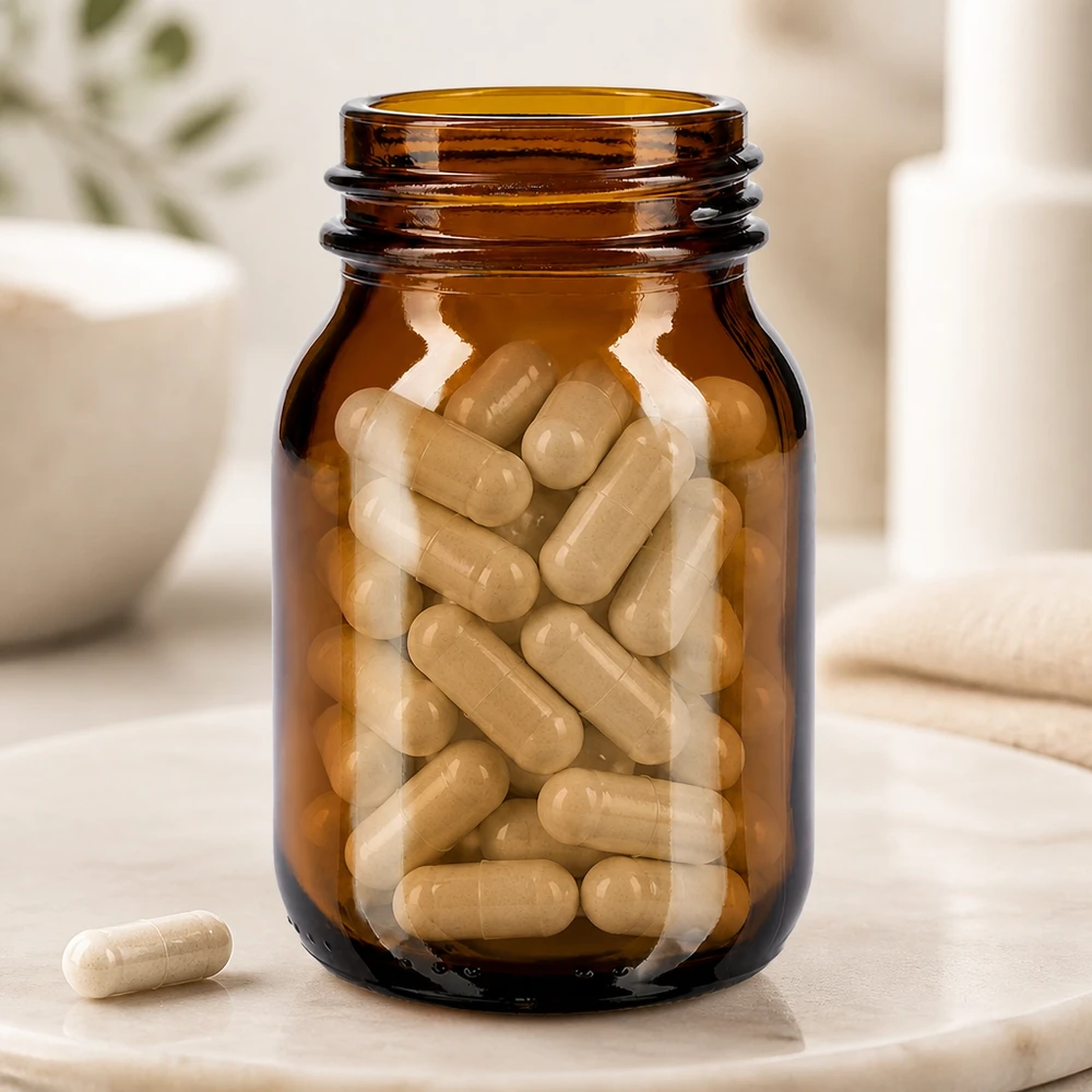 Bottiglia compatta da 75 ml in vetro ambrato a collo largo con pratica apertura DIN 40 per integratori alimentari