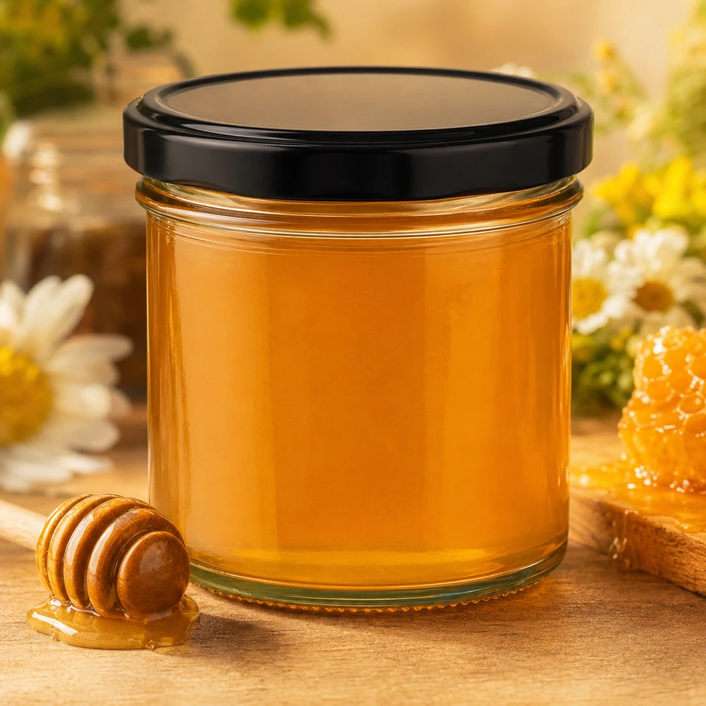 125ml Sturzglas mit BasicSeal Deckel schwarz UNiTWIST 125ml Sturzglas mit schwarzem Deckel gefüllt mit goldenem Honig Honiglöffel Bienenwabe natürliche Dekoration