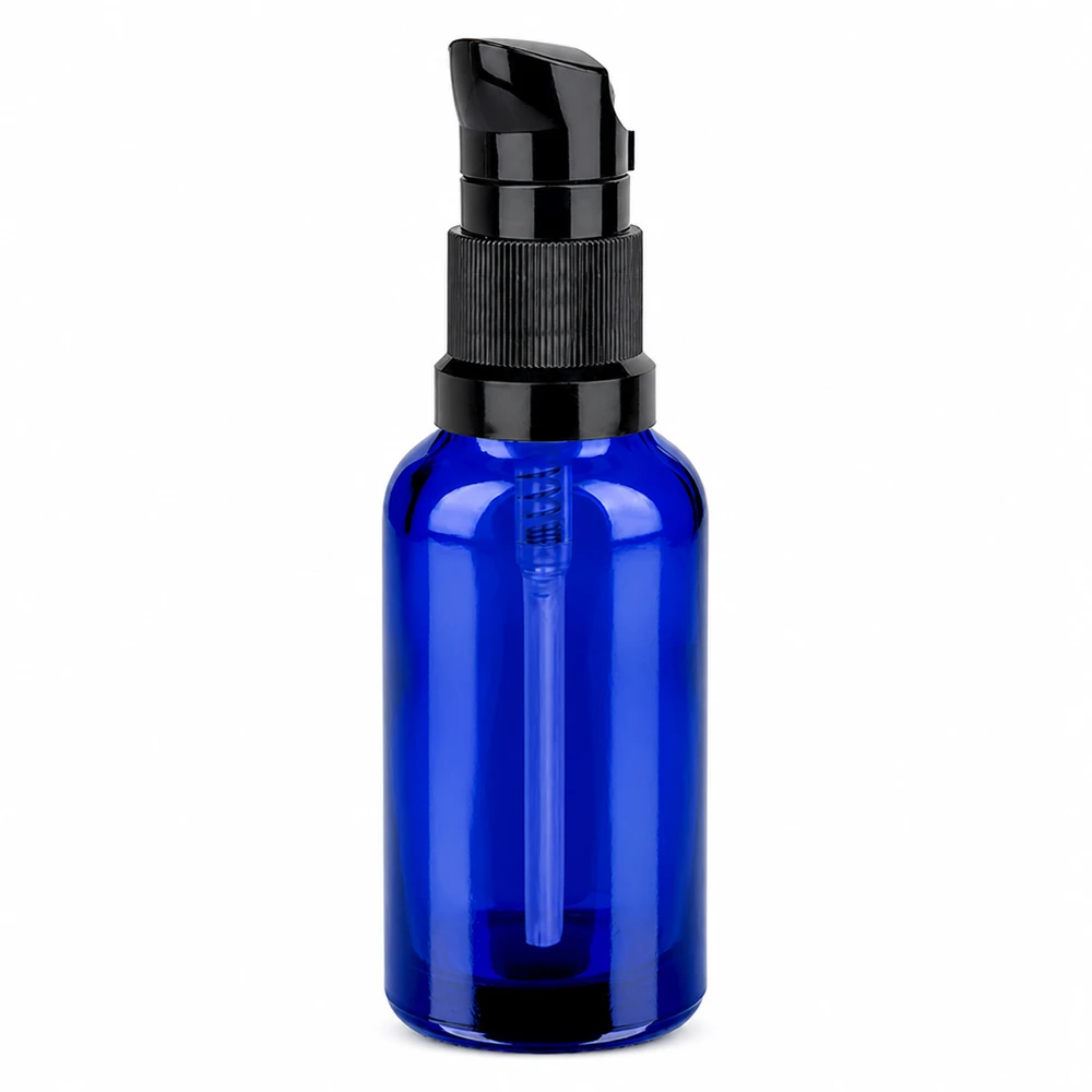 30ml flacon pompe noir STD BlueLine UT18/30 Petit flacon de 30ml avec mécanisme de pompe en bleu noir idéal pour les voyages et les déplacements