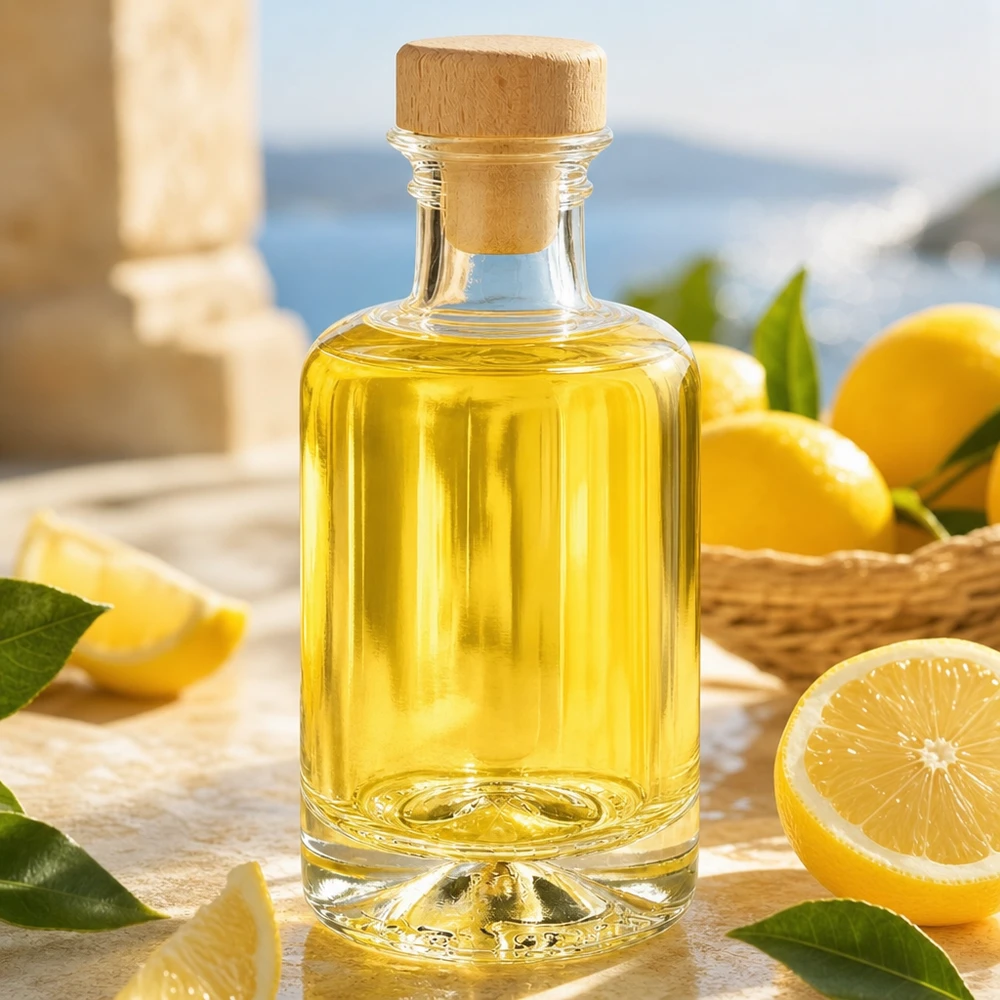 100ml bottiglia di vetro Sofia con tappo di legno riempito con olio giallo accanto a limoni su tavolo di legno scena di stile di vita