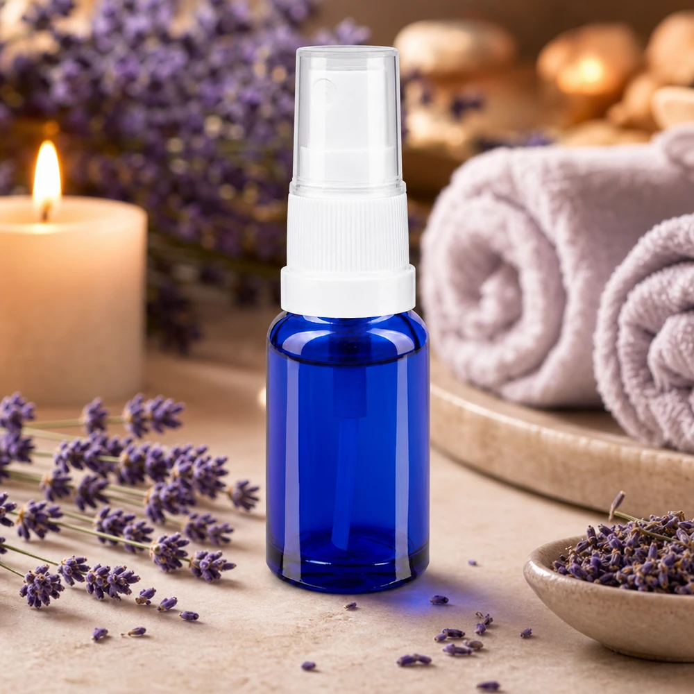 Lichtschutz-Sprühflasche in Blau 10ml mit weißem Pumpkopf ideal für Lavendelhydrolate und Gesichtswasser