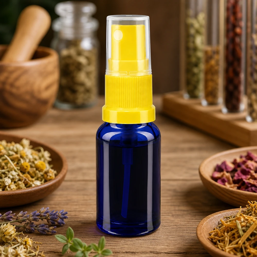 Apothekenglas 10ml in Blau mit gelbem Sprühkopf lichtgeschützt für empfindliche Naturprodukte