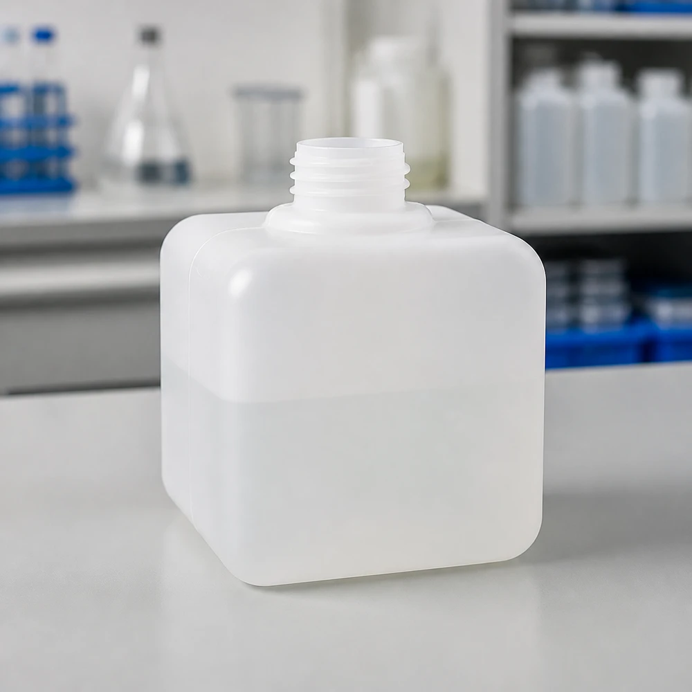 Flacon vide en PE-HD pour produits chimiques, 500 ml, GL32, col étroit, avec bords arrondis (vue de face)