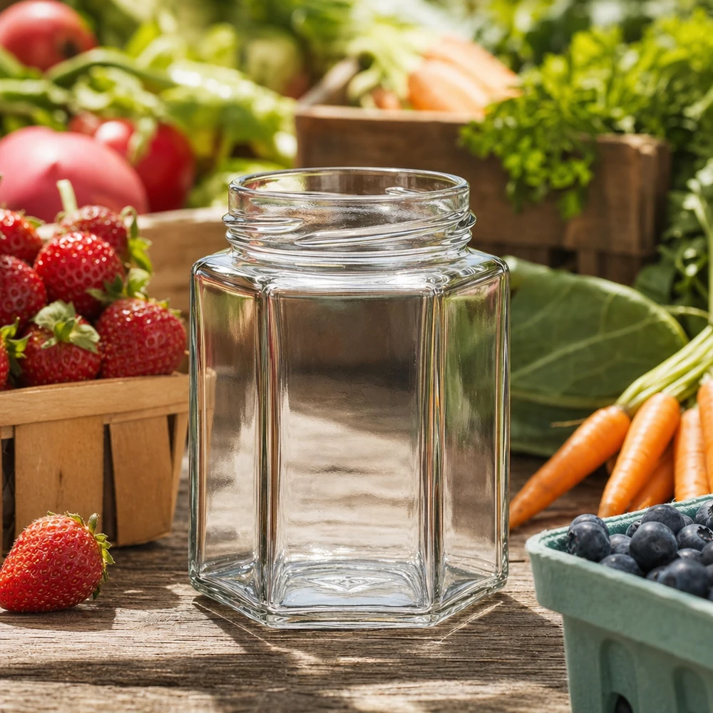 UNiTWIST Hexa196 vaso per conserve a 6 lati 196ml TO5 vuoto su tavolo di legno con frutta e verdura fresca sullo sfondo