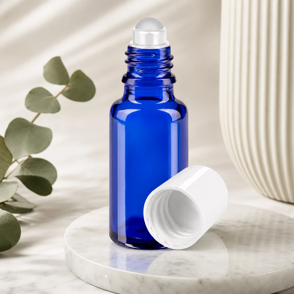 Apothekenflasche blau 20ml Roll-On Verschluss weiß Blaue 20ml Rollflasche aus Apothekenglas mit weißem Deckel für ätherische Öle und Parfum