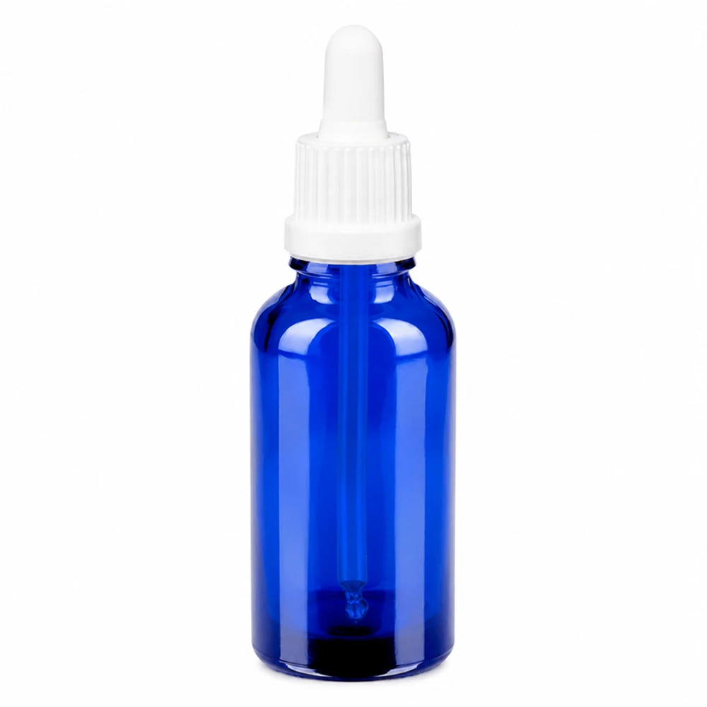 Flacon à pipette 30ml blanc OV BlueLine UT18/30 Flacon en verre bleu de 30ml avec bouchon pipette blanc BlueLine Serie pour liquides