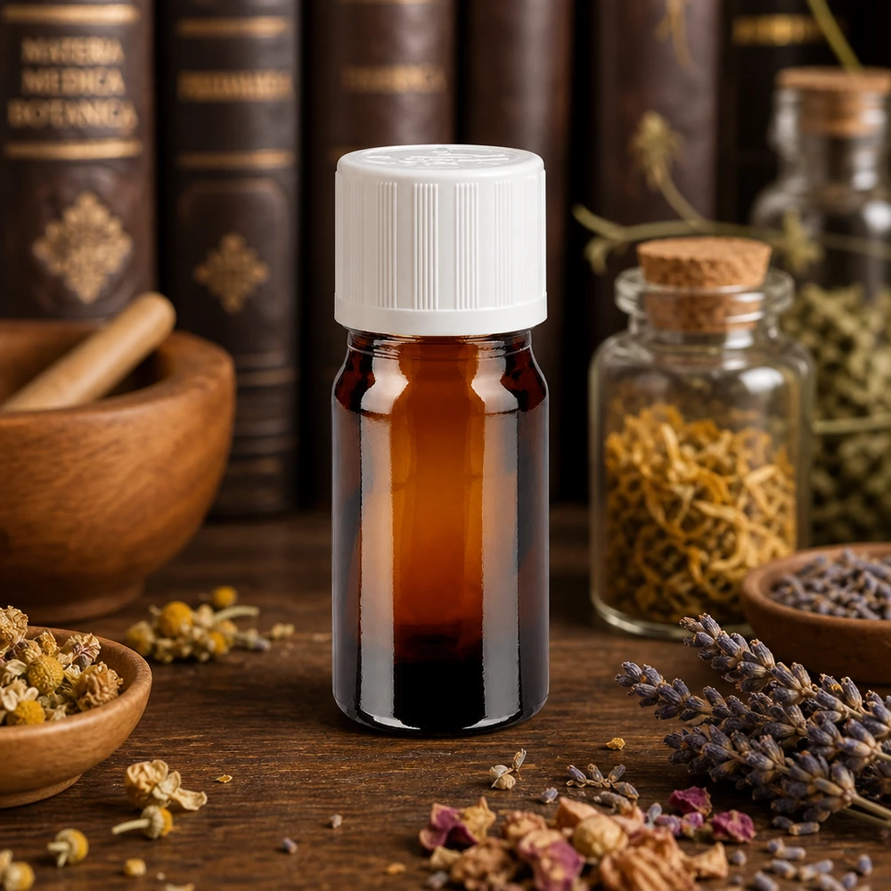Flacon de pharmacie brun 5ml bouchon vissable blanc sécurité enfant standard Flacon en verre brun de 5 ml muni d'un bouchon de sécurité blanc pour enfants, contenant des herbes médicinales séchées