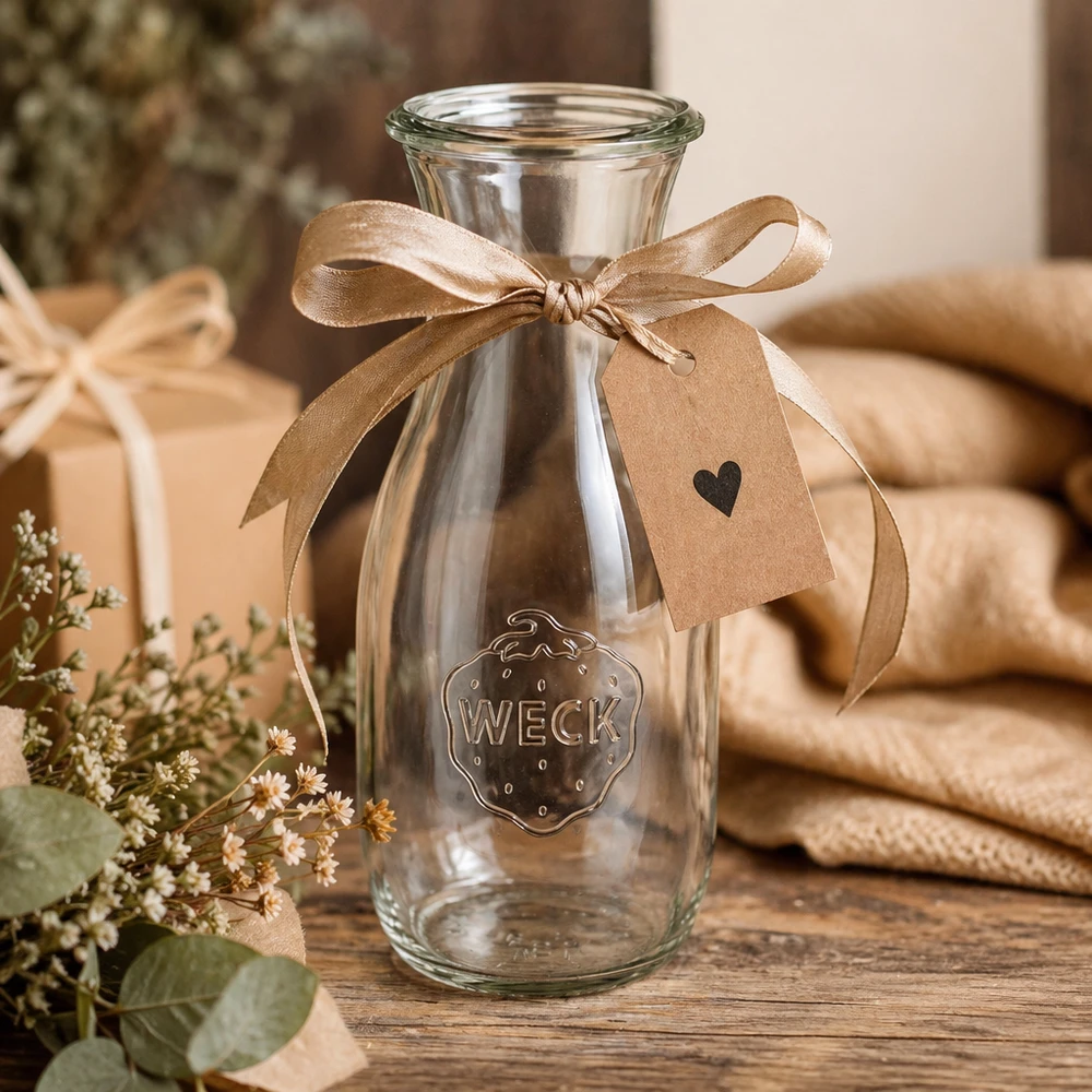 Bottiglia di vetro WECK 530ml RR60 decorata con fiocco marrone e etichetta regalo su tavolo di legno con fiori
