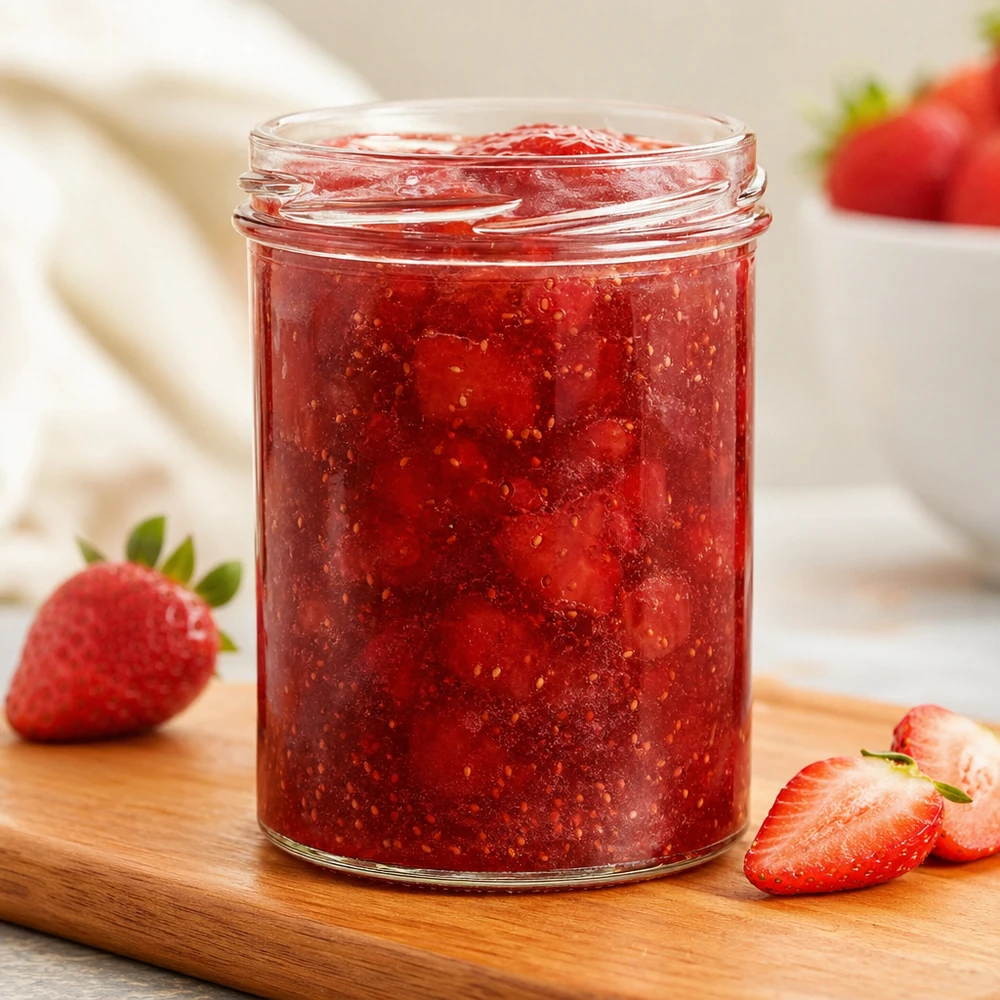 UNiTWIST Sturz435 Sturzglas 435ml gefüllt mit selbstgemachter Erdbeermarmelade TO82 Gewinde auf Schneidebrett
