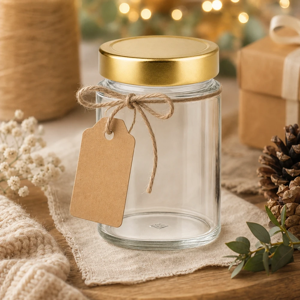 Vaso rotondo da 202 ml con coperchio dorato come confezione regalo - vaso decorativo con etichetta per regali fai da te