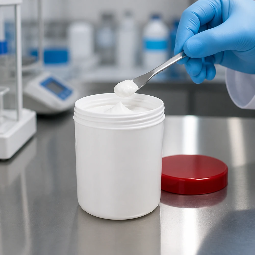 Le personnel de laboratoire prélève de la pommade dans un pot blanc de 150 g muni d'un couvercle à vis en PP rouge