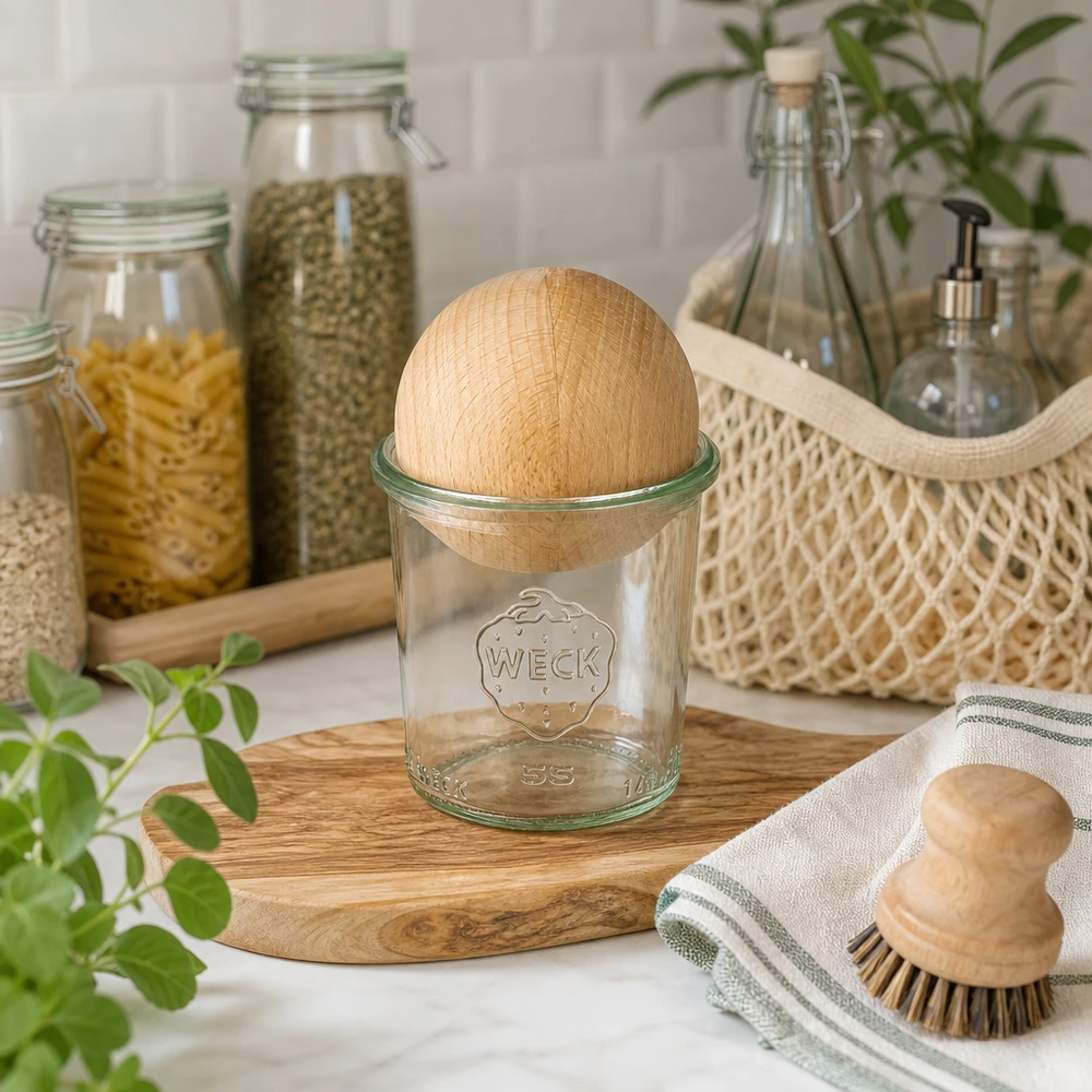 140ml Sturzglas WECK RR60 mit Holzkugel Buche WECK Sturzglas 140ml RR60 mit Holzkugel aus Buche in nachhaltiger Küche, umgeben von Vorratsglasern und natürlichen Mate