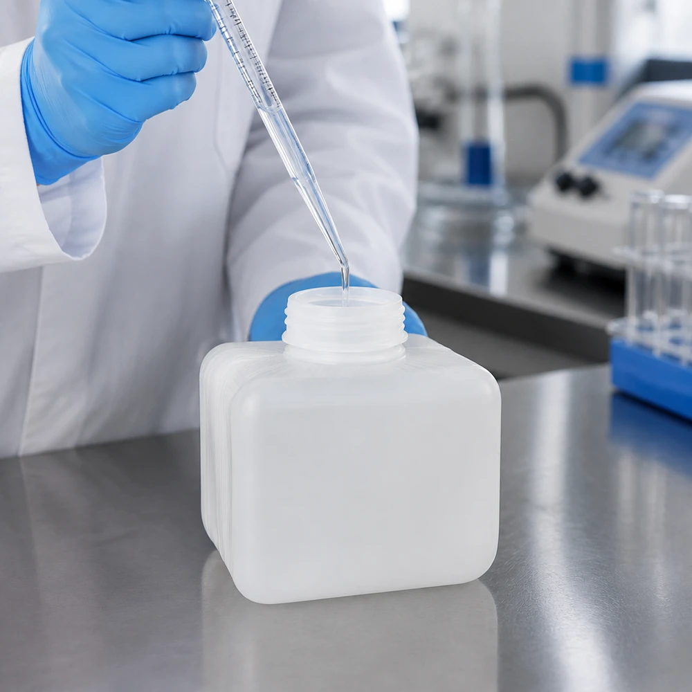 Flacon à produits chimiques 250 ml à col étroit, PEHD couleur naturelle, avec bouchon GL 28 Remplissage d'un flacon à col étroit en PE-HD de 250 ml à l'aide d'une pipette de laboratoire sur une table en acier inoxydable