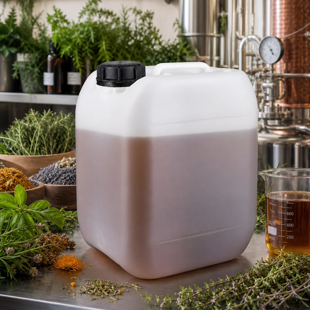 Jerrican de 5 litres avec bouchon à vis Bidon en plastique blanc de 5 litres contenant des herbes, avec un alambic en arrière-plan