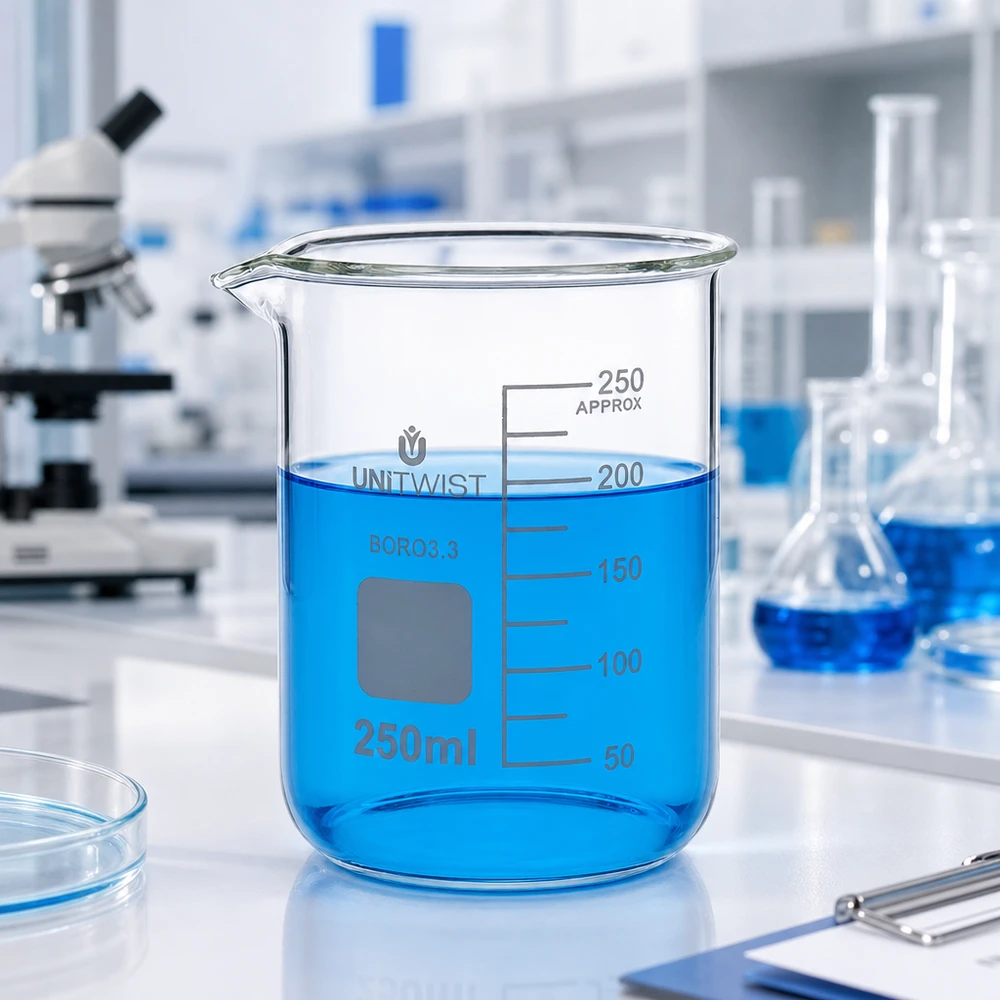 Bicchiere 250ml borosilicato, stampo basso UNiTWIST Bicchiere da laboratorio UNiTWIST da 250 ml, forma bassa, in borosilicato 3.3 con liquido blu