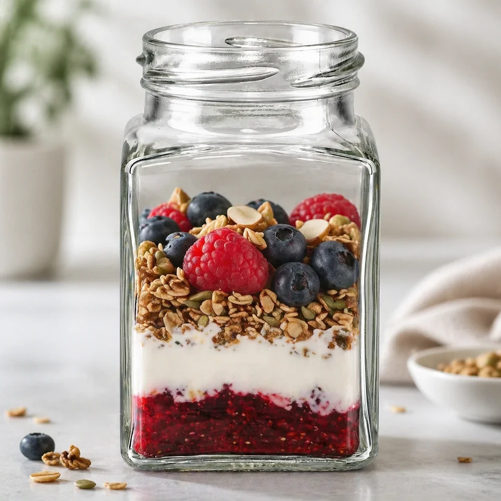 UNiTWIST Tetra260 vaso a 4 angoli 260ml TO58 con muesli ai frutti di bosco e yogurt come dessert in barattolo sul bancone della cucina
