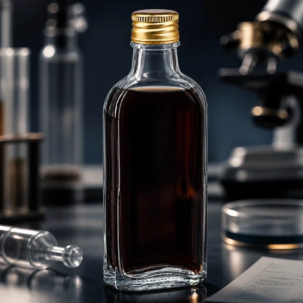 100 ml Meplat klar mit Alu Verschluss gold PP22 Professionelle 100ml Meplat Glasflasche klar mit goldenem PP22 Verschluss für pharmazeutische Anwendungen