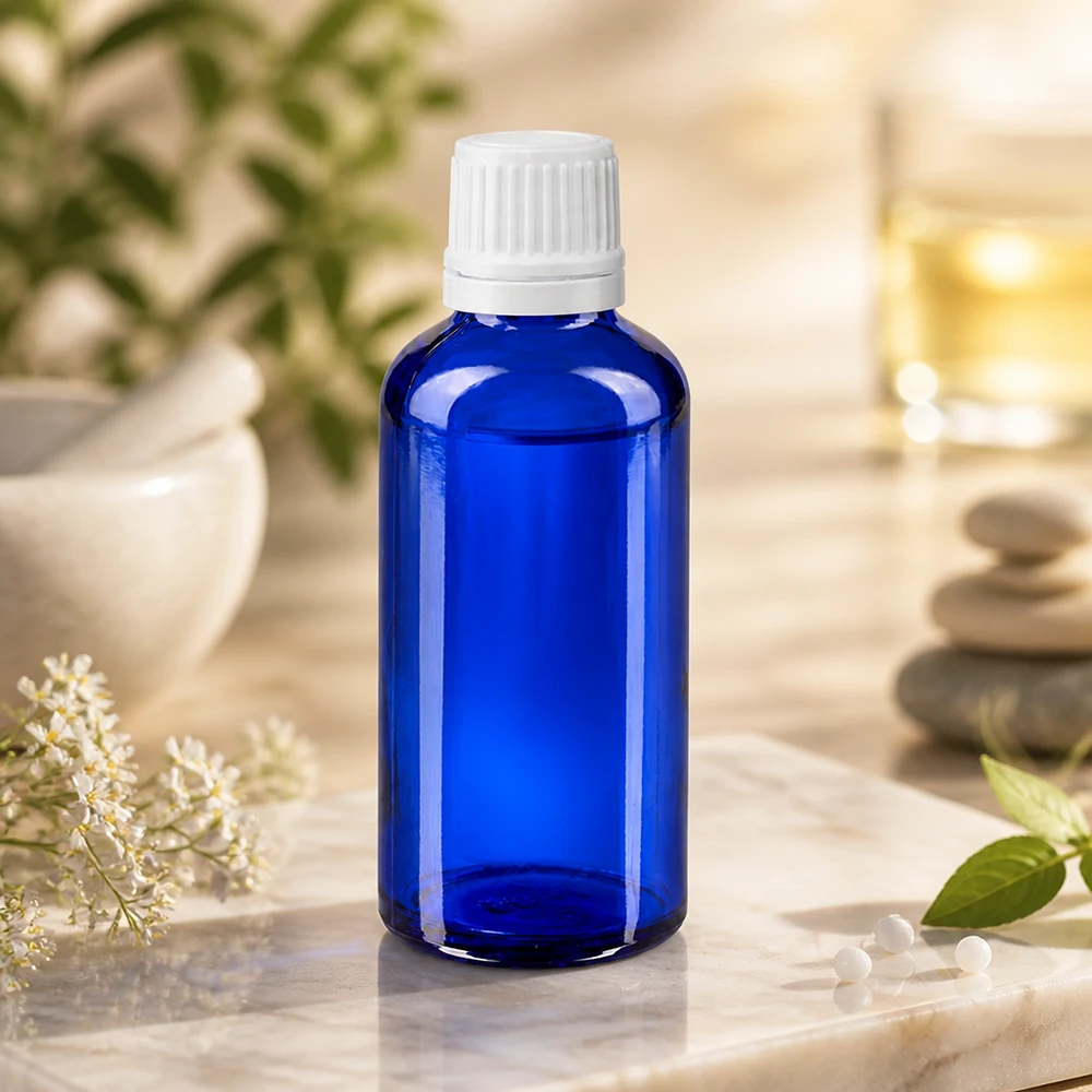 Hochwertige kobaltblaue 50ml ApoGlas-Flasche mit weißem SV für ätherische Öle