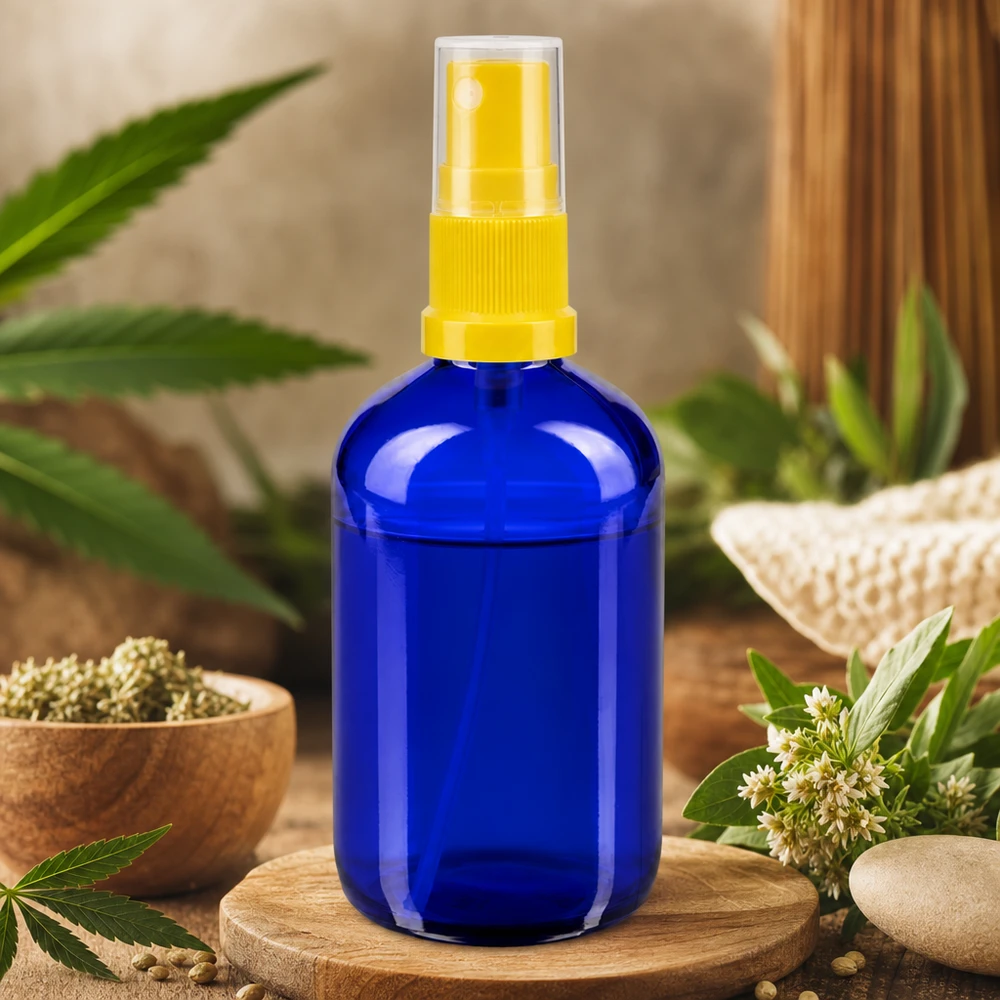 Apothekenflasche blau 100ml Sprayaufsatz gelb 100ml blaue Rundglasflasche mit gelbem Sprühaufsatz im natürlichen Kräuter-Ambiente