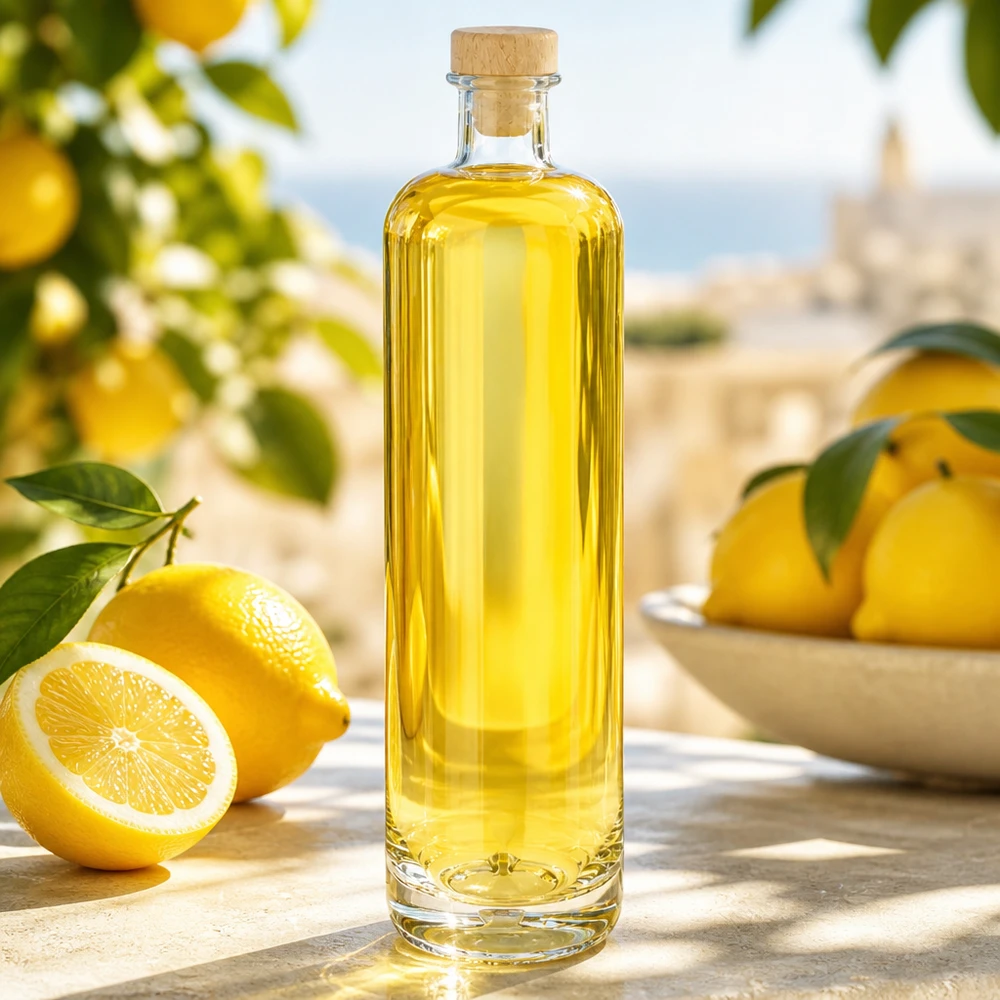 Bottiglia in vetro da 700 ml Ella con tappo in sughero con impugnatura in legno UNiTWIST® Bottiglia di Ella da 700 ml in vetro con contenuto giallo e tappo in legno in una cornice di limoni mediterranei su un tavolo in legno