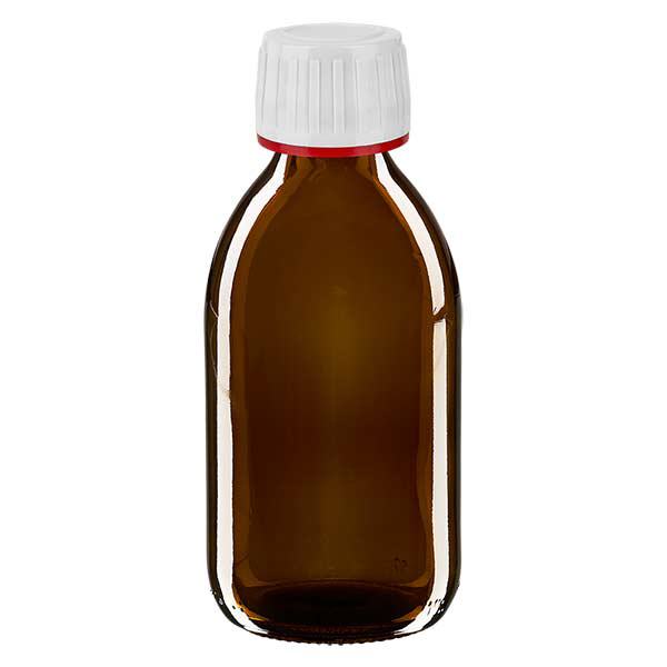 Flacone per medicinali da 250 ml marrone, tappo bianco antimanomissione Flacone per medicinali da 250 ml marrone, tappo bianco antimanomissione