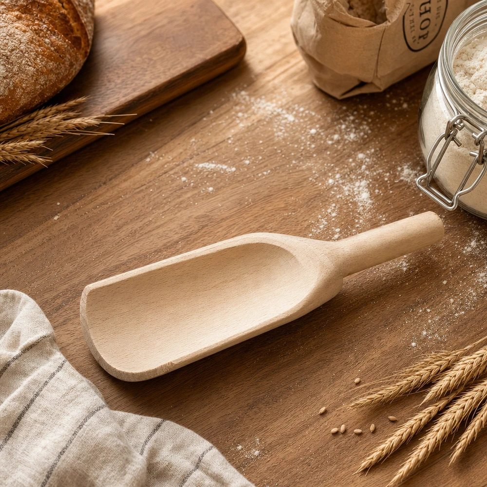 Pala di legno misura L a forma piatta lunga 18 cm Paletta in legno L 18cm piatta su tavolo in legno con farina, spighe di pane e telo da cucina Accessori da forno in legno naturale