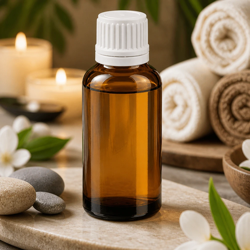 Elegante flacone in vetro da 30 ml in marrone ambrato con tappo di sicurezza bianco per prodotti naturali