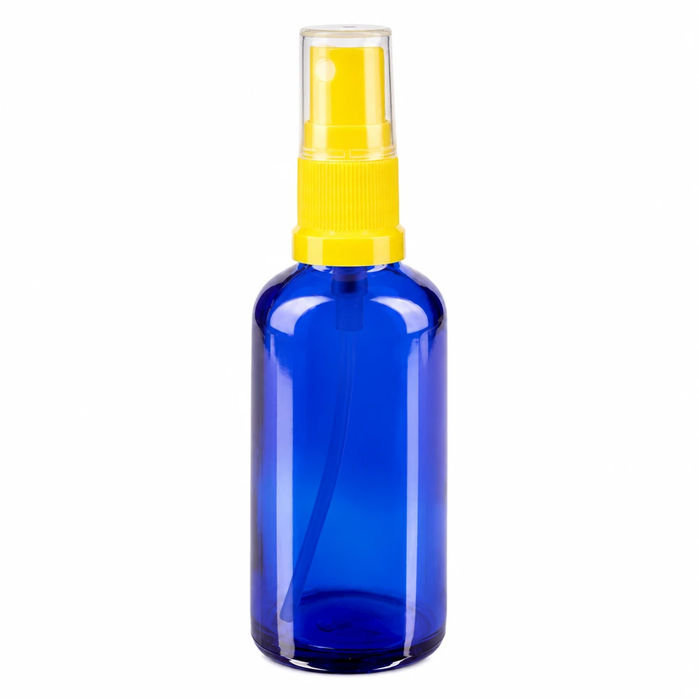Apothekenflasche blau 50ml Sprayaufsatz gelb Zylindrische blaue 50ml Glasflasche mit Feinstsprüher gelb transparent ApoGlas