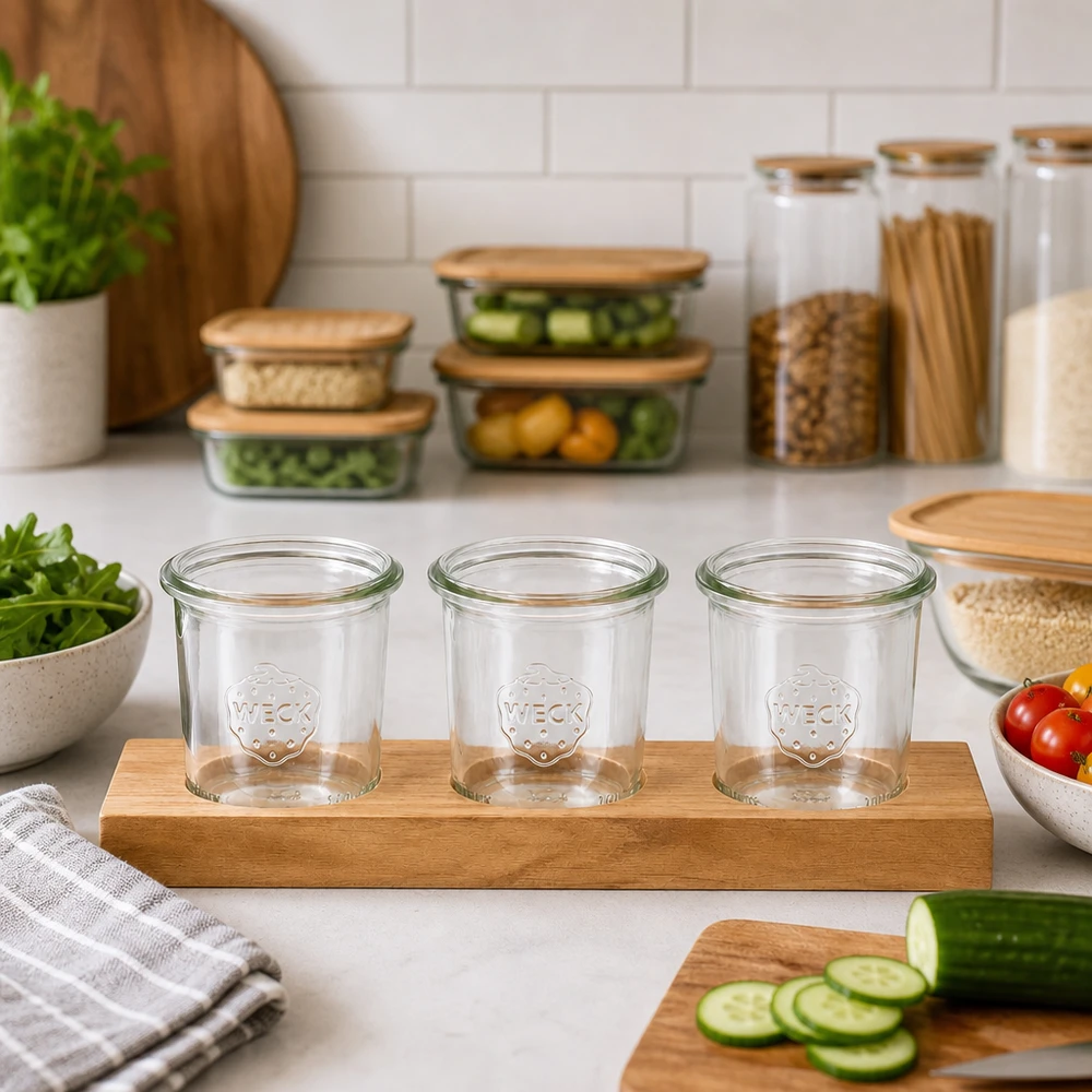 Tagliere Plano3 con 3 vasetti Weck da 140 ml Tavola da portata Plano3 con vasetti WECK da 140 ml vuoti in una cucina moderna accanto a barattoli per verdure e contenitori