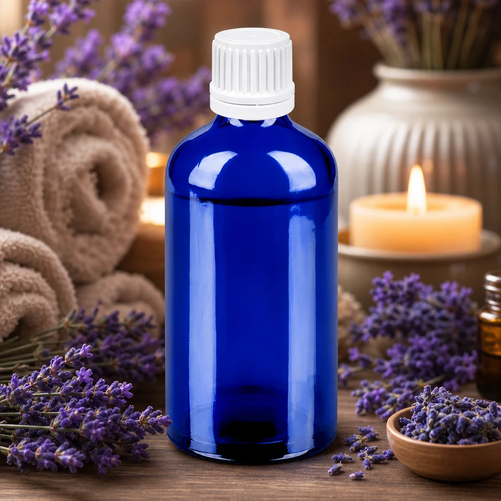 100ml Flasche 11mm Schraubverschluss weiß Originalitätsverschluss BlueLine UT18/100 100ml BlueLine Glasflasche mit weißem Schraubdeckel perfekt für Lavendel und ätherische Öle