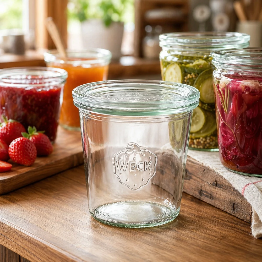 290ml Sturzglas hoch mit Glasdeckel WECK RR80 WECK Einmachglas 290ml in Küche mit bunten Marmeladen und Konserven als Anwendungsbeispiel für Aufbewahrung