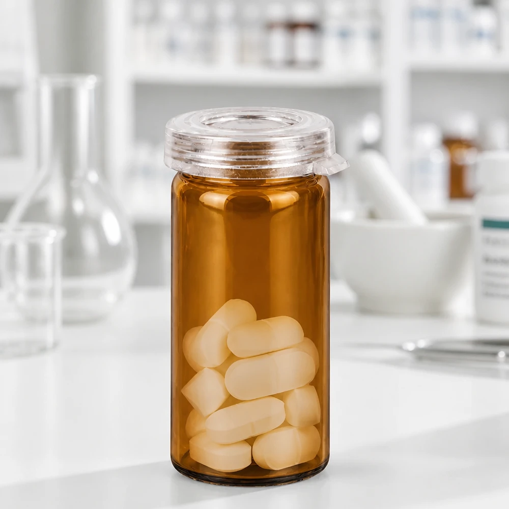 Kleines Apothekenglas 5ml mit hermetischem Schnappdeckel und weißen Tabletten gefüllt