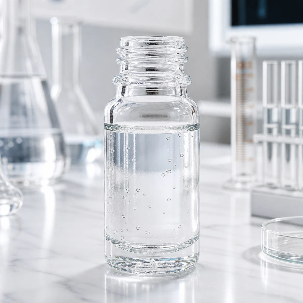 10ml Apothekenflasche ClearLine UT18/10 UNiTWIST 10ml Apothekenflasche ClearLine UNiTWIST mit transparentem Flüssigkeitsinhalt und Blasenbildung