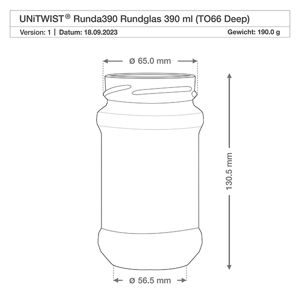 UNiTWIST Runda390 - Barattolo rotondo capacità 390ml TO66profondo Disegno tecnico UNiTWIST Runda390 bicchiere rotondo 390ml TO66 Deep con dimensioni 65mm diametro 130,5mm altezza