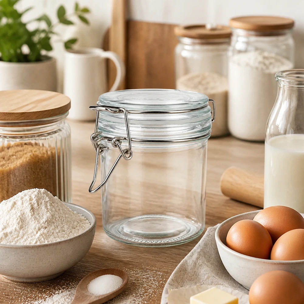 Barattolo trasparente da 250 ml con tappo girevole per conservare in modo chiaro la farina e gli ingredienti da forno