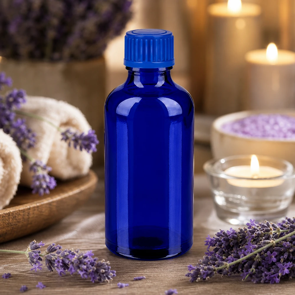 Flacone da 50 ml in vetro pregiato blu cobalto con tappo a chiusura ermetica per aromaterapia