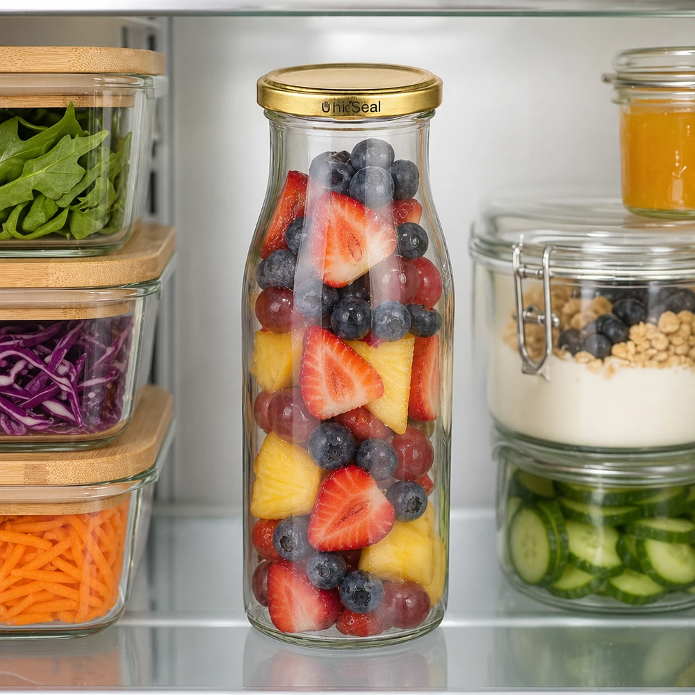 UNiTWIST 150ml Glasflasche mit Früchtemischung befüllt goldener TO43 BioSeal Deckel Kühlschrank Aufbewahrung