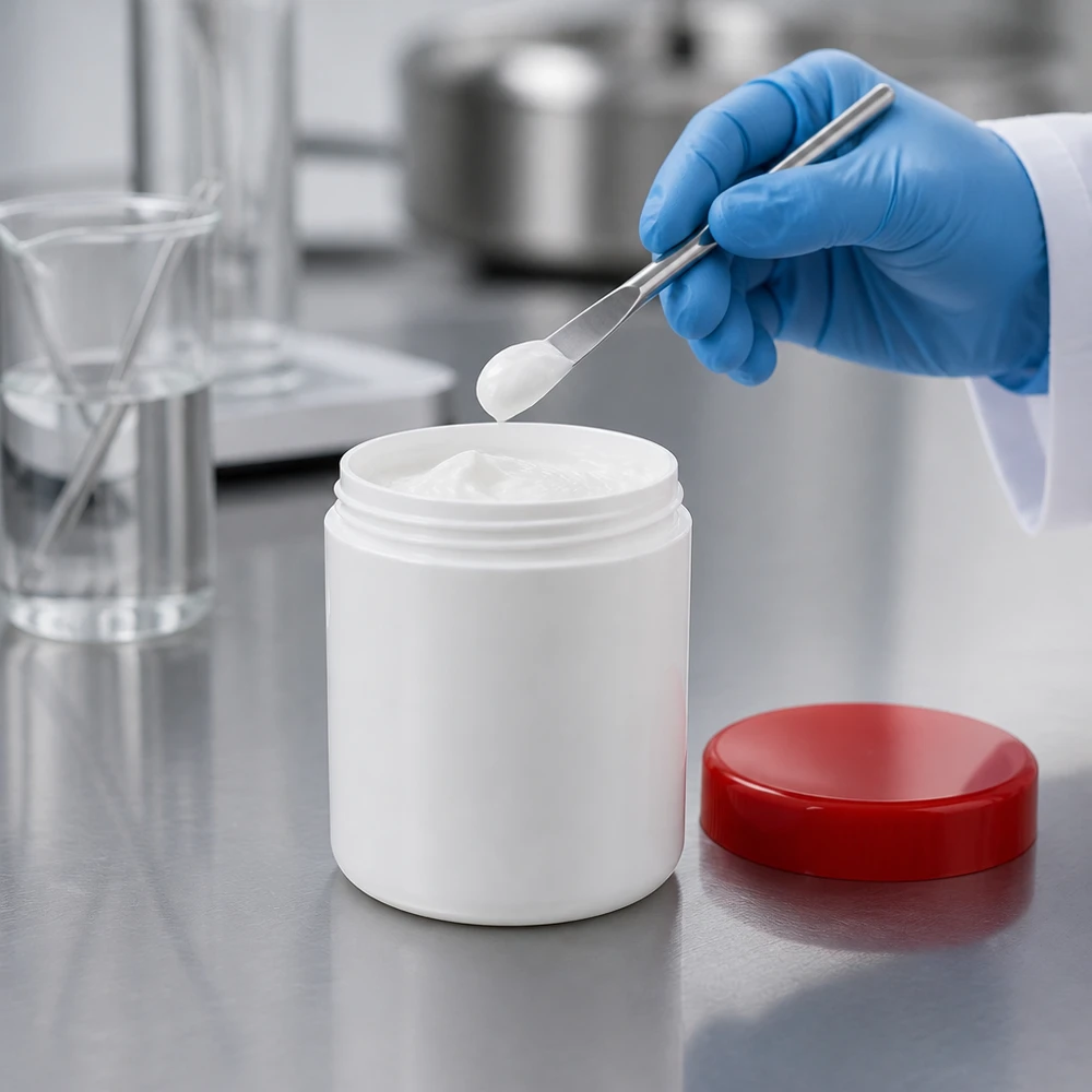 Pot à onguent blanc 800 g avec couvercle rouge (PP) Pot à pommade de 800 g, blanc, utilisé en laboratoire, avec une spatule et un bécher en verre à l'arrière-plan