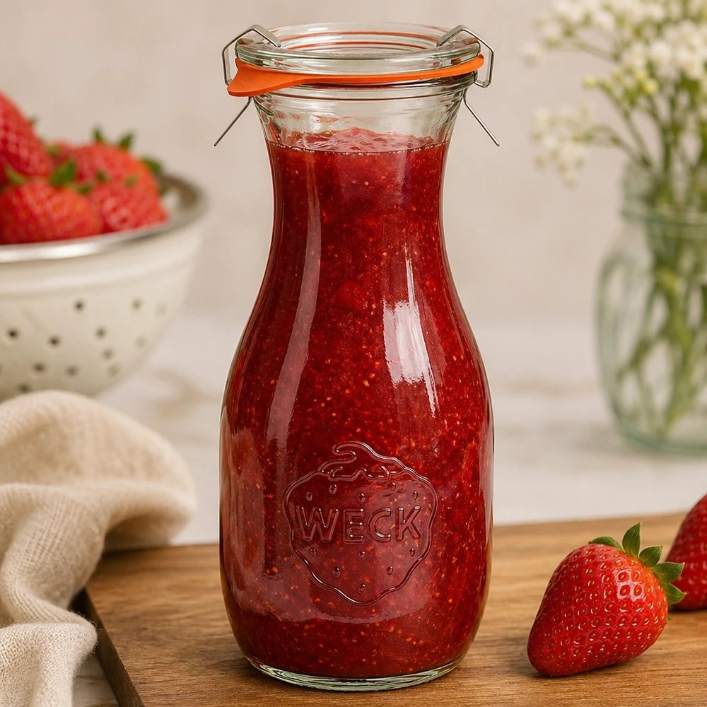 Set completo con bottiglia per succhi da 530 ml WECK RR60 La bottiglia di succo di WECK da 530 ml riempita di marmellata di fragole mostra l'uso pratico del barattolo per conserve RR60