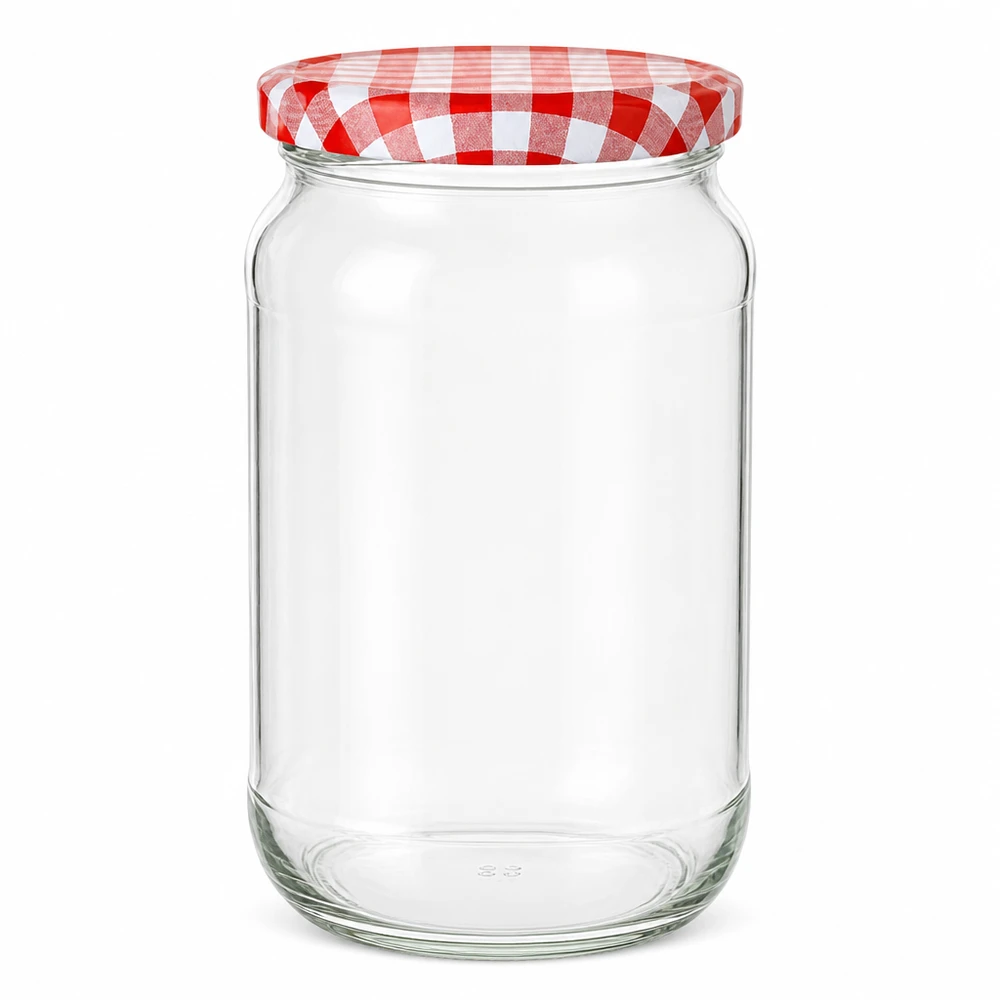 1062ml Rundglas + BasicSeal Deckel rot/weiß UNiTWIST 1062ml Rundglas mit rot-weiß kariertem BasicSeal Deckel leer auf weißem Hintergrund Einmachglas Vorratsglas