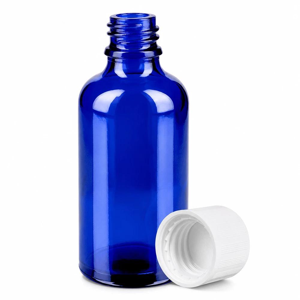 50ml Flasche 11mm Schraubverschluss weiß Standard Kindersicherung BlueLine UT18/50 Blaue Medizinflasche 50ml mit kindersicherem Verschluss für professionelle Anwendung